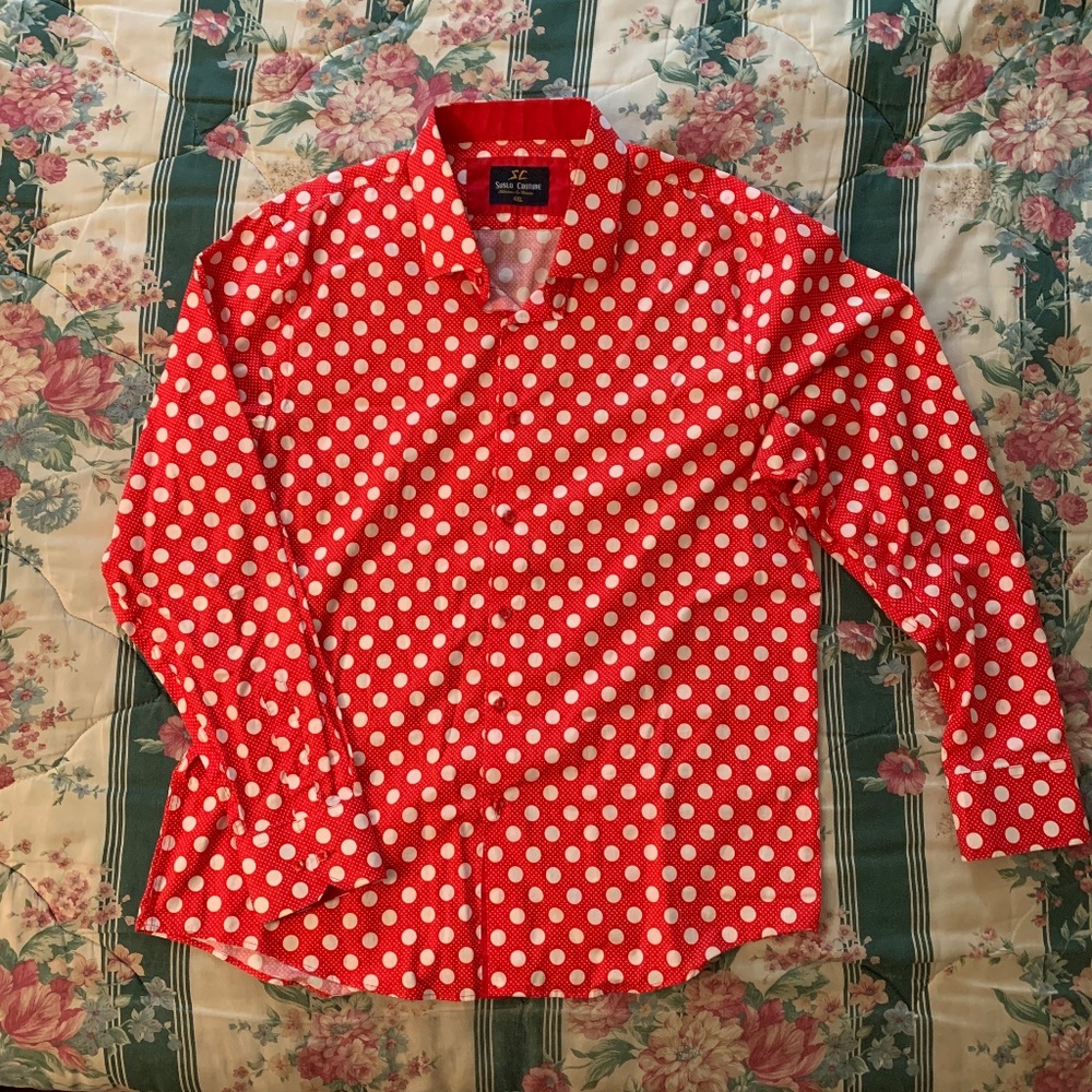 Polka Dot red/white men's long sleeve cotton dress shirt (2XL)